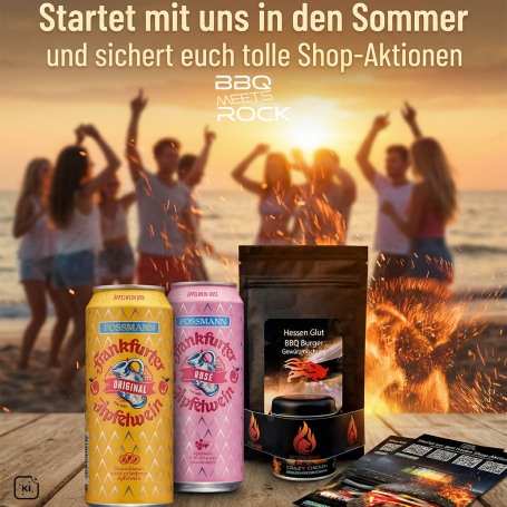 Sommerliche Party mit Menschen am Strand und BBQ-Produkten im Fokus.