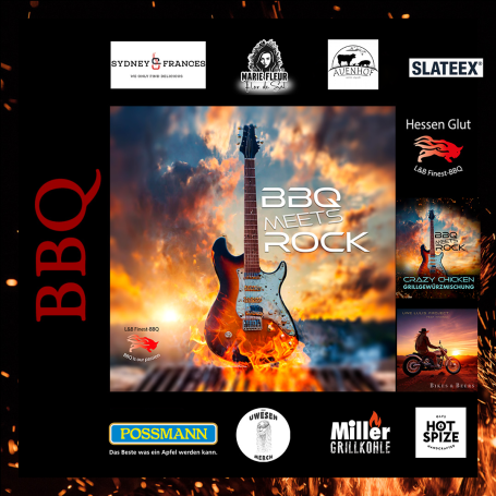 Plakat für BBQ Rock mit einer E-Gitarre vor einem lodernden Feuerhintergrund.